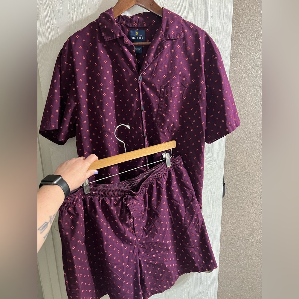 Stafford Men's Pajama Sleep Short Set Purple  Pattern Adjustable Waist Sz Large